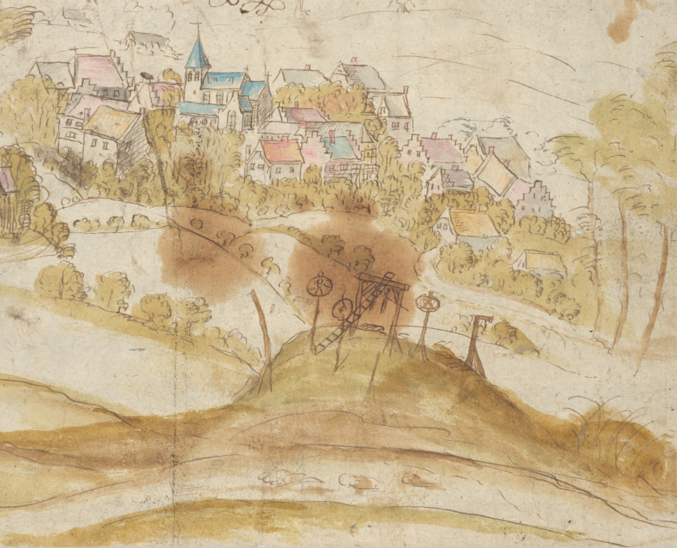 ‘De galg van Rotselaar, op het oostelijke punt van de Middelberg. In de achtergrond, Betekom (schets uit 1596-1598; KU Leuven, universiteitsarchief).