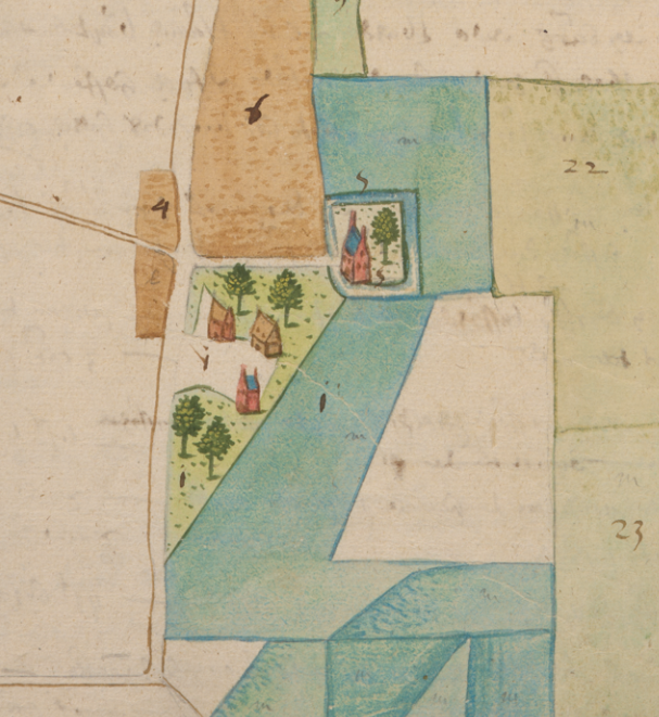 Het Hof Ter Werft in 1596-1598, met duiventoren. Erboven en omgracht, de hoeve op de site van de nog bestaande, verbouwde hoeve.