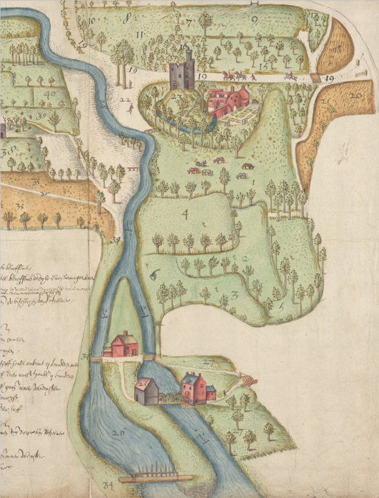 De gronden van de heer van Rotselaar op een kaart uit 1596-1598.