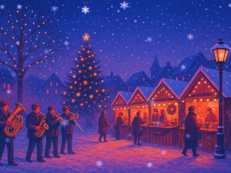 Een wintermarkt in de avond met orkest, kerstboom, kraampjes en sneeuw